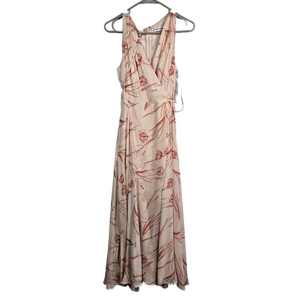 Calvin Klein Women's Size 4 Pink Red Floral Chiffon Wrap A-Line Dress NWT